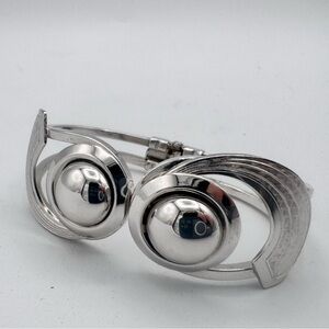 Modern Taxco Style Hinged Clamper Bracelet Sculptural Silver Tone Statement